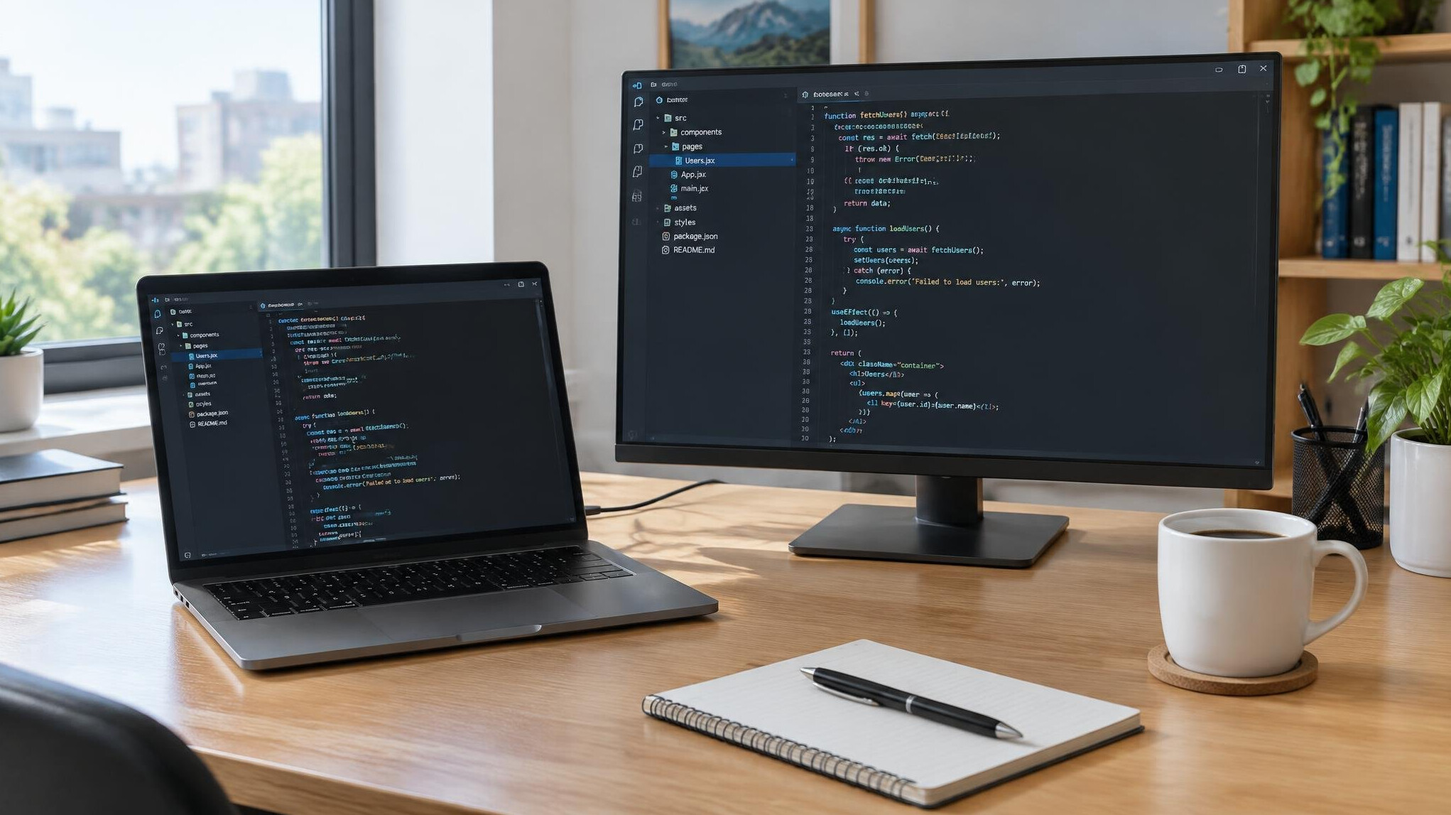 Laptop and monitor with code on a work desk
