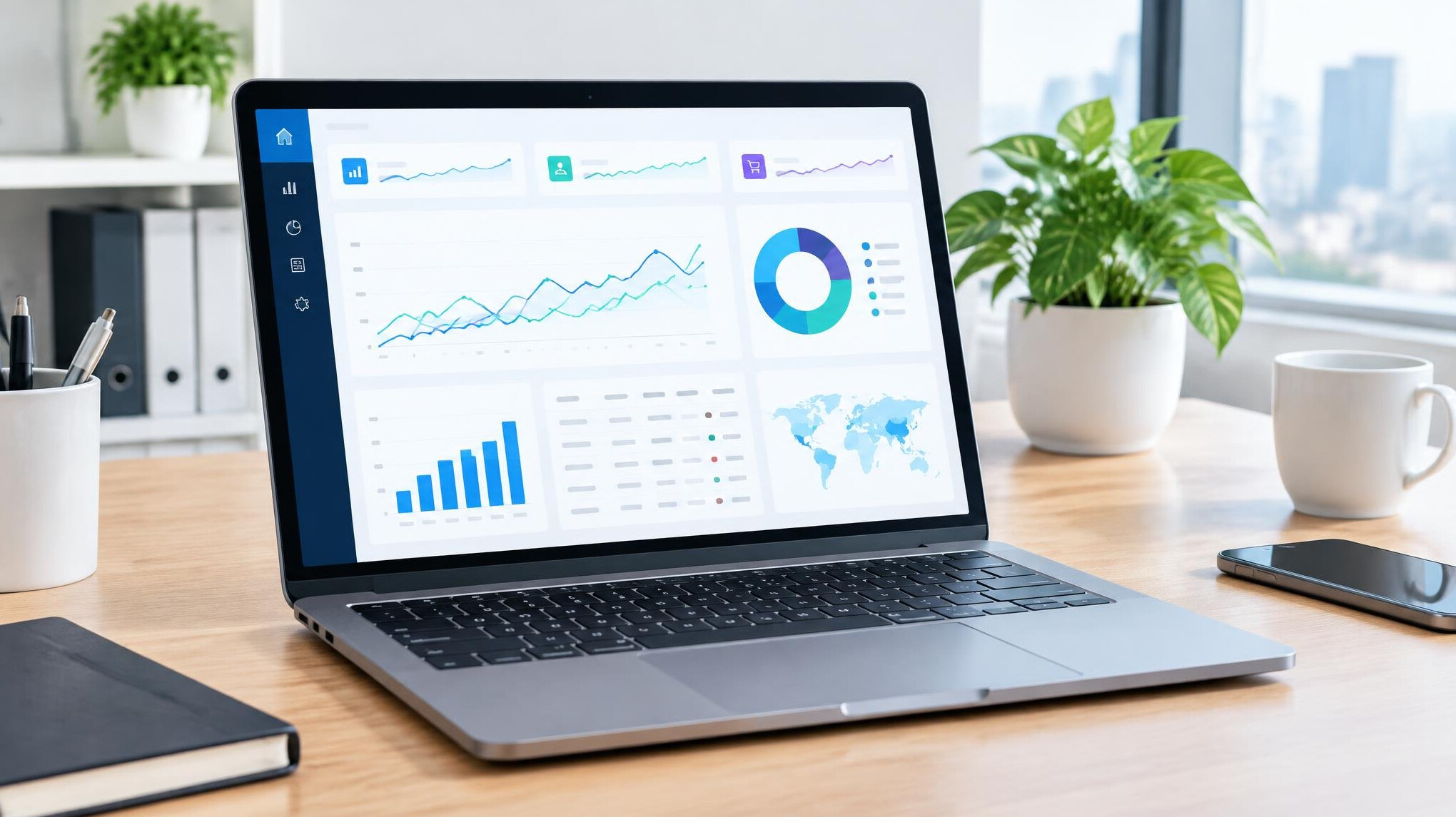 Analytics dashboard with charts on a laptop screen