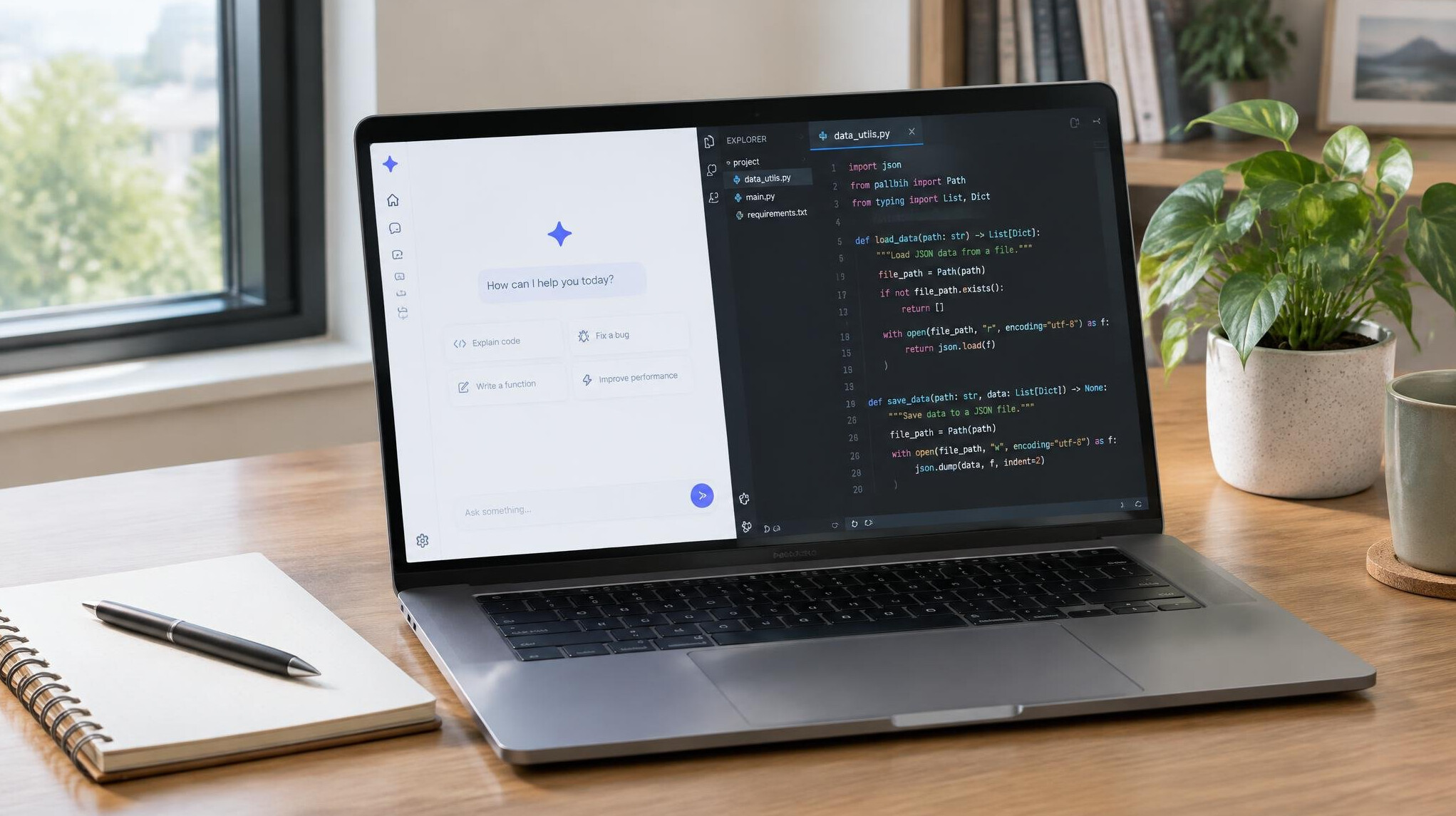 Laptop on a desk with code and a notebook