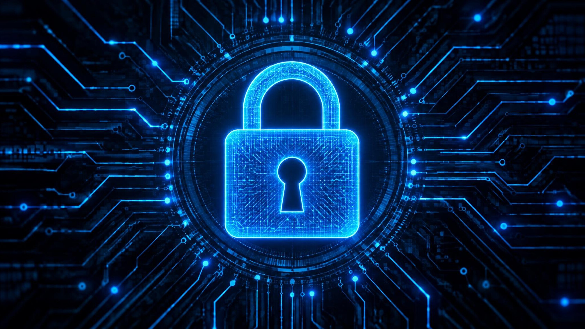 Padlock over a circuit-style digital background for cybersecurity