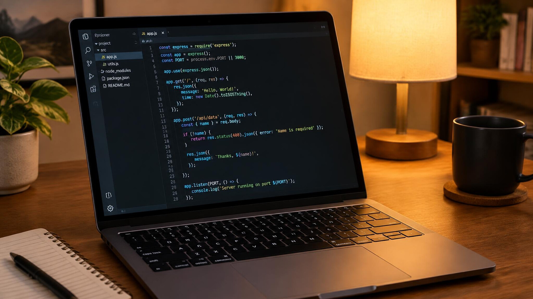 Programming code in an editor on a laptop screen