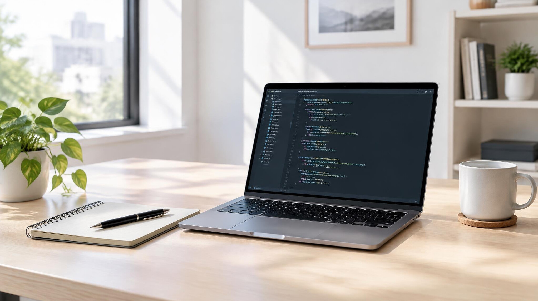 Laptop with code beside a notebook in a bright workspace